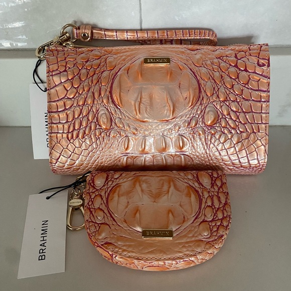 Brahmin Daisy APRICOT ROSE Wristlet Clutch & Clip On Britt Card Coin Wallet-2 PC - Picture 6 of 16